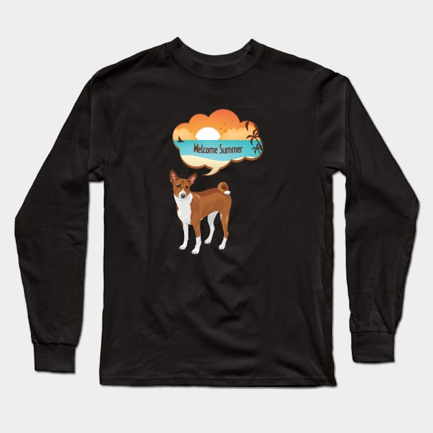 Basenji Dog with Welcome Summer Beach Sunset Bubble Long Sleeve T-Shirt by Seasonal Dogs